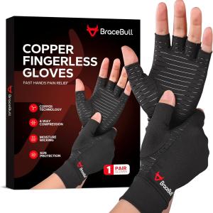 BraceBull Arthritis Gloves (1 Pair), Copper Infused Fingerless Compression Gloves, RSI and Relieve Hand Pain for Women & Men