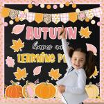 JarThenaAMCS 78Pcs Fall Thanksgiving Classroom Bulletin Board Decorations Pink Orange Pumpkin Maple Leaf Cutouts for Autumn Harvest Party Supplies School Chalkboard Wall Decor