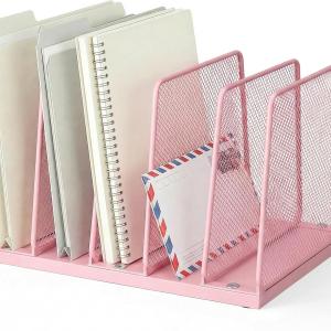 AUPSEN Vinyl Record Holder Storage, 5-Section Vertical File Organizer for Desk, Wooden Desktop File Folder Holder Sorter Storage Rack Stand, Workspace Organizers for Office Supplies, Pink