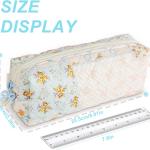 Cute Quilted Pencil Case for Girls Women, Aesthetic Small Floral Pencil Pouch,Slim Soft Pencil Bag for School Supplies Makeup Pouch for School & Daily Use (blue pin)