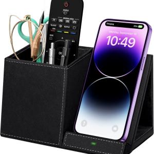 Desk Supplies Organizer, Multi-Functional Pencil Pen Holder with Wireless Charger, Desktop Stationery Organizer, Home Office Supply Storage Box Cdy (Black)