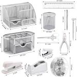 17 in1 Silvery Desk Organizers and Accessories Set, 3 Office Desk Supplies Storage Organization, 4 Pens, Stapler, Staples & Remover, Tape & Dispenser, Scissors, Ruler, Clips, Hole Punch Back to School