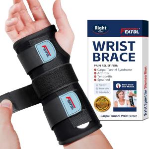 FEATOL Wrist Brace Hand Brace, Carpal Tunnel Wrist Splint Night Support for Women Men, Pain Relief Support -Tendonitis, Arthritis, Sprain, Right Hand, Small/Medium
