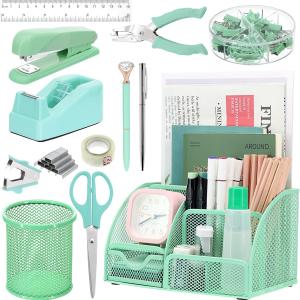 13-in-1 Office Desk Organizer Set with Stapler and Tape Dispenser, Pen Holder, Scissors, Ruler, Hole Punch, 2 Pens & More Desktop Accessories for Back to School Supplies (Green)