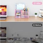 EasyPAG Mesh Desk Organizer with Drawer Multi-functional Pen Holder Stationery Organizer for Office School Supplies 6 Compartments Dorm Organizers and Storage for Desk, Light Pink