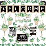 Whaline 29 Pieces Eucalyptus Bulletin Board Set Welcome Banner Simply Boho Bulletin Board Decor Boho Greenery Calendar Cutout Decorations for Back to School Classroom Teacher Supply