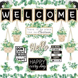 Whaline 29 Pieces Eucalyptus Bulletin Board Set Welcome Banner Simply Boho Bulletin Board Decor Boho Greenery Calendar Cutout Decorations for Back to School Classroom Teacher Supply