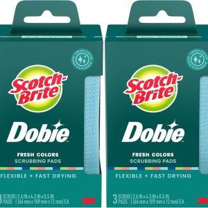 Scotch-Brite Dobie Non-Scratch All-Purpose Scrub Ps, 6 Total Ps (2 Packs of 3), Reusable Scouring Sponges for Kitchen & Bathroom, Safe on Non-Stick Cookware, Assorted Colors
