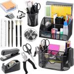 17 in 1 Black Desk Organizers and Accessories Set, 3 Office Desk Supplies Storage Organization, 4 Pens, Stapler, Staples & Remover, Tape & Dispenser, Scissors, Ruler, Clips, Hole Punch, Back to School