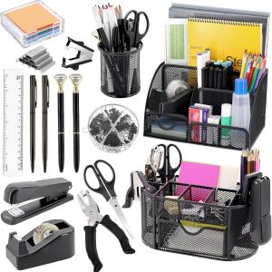 17 in 1 Black Desk Organizers and Accessories Set, 3 Office Desk Supplies Storage Organization, 4 Pens, Stapler, Staples & Remover, Tape & Dispenser, Scissors, Ruler, Clips, Hole Punch, Back to School