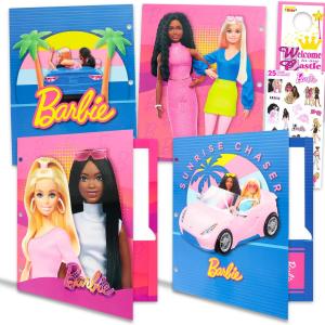 Barbie Folder Set - Bundle with 4 Heavy Duty Laminated Folders with 2 Pockets Each for School, Office Plus Stickers, More | Barbie Back to School Supplies Stuff