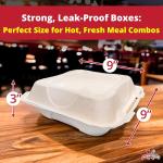 Durable, Leak-Proof Take-out Food Box, 25 Pack. Large, 9 x 9 Sturdy Plant-Based, Gluten-Free Compostable Wheatstraw Fiber Clamshell Hinged Container, Microwavable and Great for Restaurant Carryout