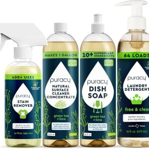 Puracy Stain Remover Spray (Unscented, 12oz), Natural All-Purpose Cleaner Concentrate and Dish Soap (Green Tea & Lime, 16oz), and Laundry Detergent (Free & Clear, 16oz)