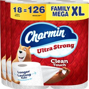 Charmin Toilet Paper Ultra Strong Clean Touch, 18 Family Mega XL Rolls = 126 Regular Rolls