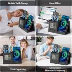 TopMe Wireless Charger with Pen Remote Holder, Multi-Functional Leather Nightstand Organizer Fast Charging Station, Digital Thermometer and Humidity Gauge, Desktop Storage (Black Carbon Fiber