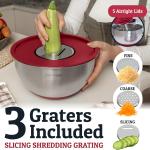 Priority Chef Stainless Steel Mixing Bowls with Lids Set, 3 Grater Attachments, Airtight Lids, Non-Slip Silicone Base Mixing Bowl Set, Large Prep Metal Mixing Bowls for Kitchen, Red