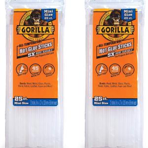 Gorilla Hot Glue Sticks, Mini Size, 8" Long x .27" Diameter, 25 Count, Clear, (Pack of 2)