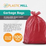 PlasticMill Heavy Duty Trash Bags - Red Garbage Bags - Plastic Waste Bags - Tall Trash Sacs, Trash Can Liners - 33-Gallon Large Kitchen Trash Bags, 1.5 Mil, 33"x39" (100-Count)