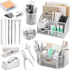 17 in1 Silvery Desk Organizers and Accessories Set, 3 Office Desk Supplies Storage Organization, 4 Pens, Stapler, Staples & Remover, Tape & Dispenser, Scissors, Ruler, Clips, Hole Punch Back to School