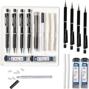 MozArt Mechanical Pencil 0.7mm Set with Case - With 2 x 30 HB Le Refills, Eraser Pen With Refills -Sketch, Architecture, Drafting, Art, Drawing Supplies, Metal Mechanical Pencils