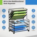 4-Tier Paper Organizer + 3-Pocket File Holder + Drawer + Pen Holders, Desktop File Organizers Paper Tray for Office Supplies School Classroom Organization (Black, No Drawer & Pen Holder)