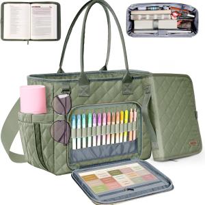 Large Bible Bag with Bible Cover Case for Women, Church Bag with Shoulder Strap, Quilted Bible Cover for Bible Study Supplies, a Christian Gift for Women, Green