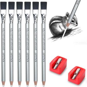 KALOUR Detail Eraser Pencil - 6pc Eraser Pencils with Brush and 2pc Sharpener,Erasing Small Details or d Highlights for Sketching, Charcoal Drawings. Fine Detail Eraser for Beginners & Artists