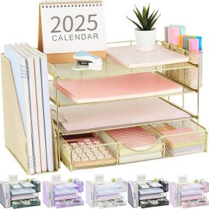 gianotter Desk Organizers and Accessories with File Holder, 4-Tier Desk Accessories & Workspace Organizers with Drawer and 2 Pen Holder, Paper Organizer for Office Supplies(Gold)