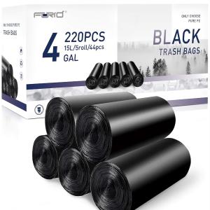 FORID Small Black Trash Bags, 4 Gallon Garbage Bags, 220 Counts Strong Plastic Trash Can Liners 15 Liter for Kitchen Bathroom Office Waste Basket - Durable & Thick Trash Bag