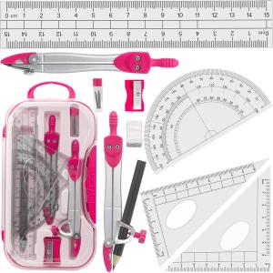 Geometry Set Maths Compasses for Gre Students Back to School Supplies with Compasses Protractor in Carry Case, Pink