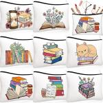 8 Pcs Book Club Gifts Book Lovers Makeup Bag Gifts for Women Cosmetic Bag with Zipper Pouch for Teen ult Women Lovers Librarian Bookish Club Gifts(Flower)
