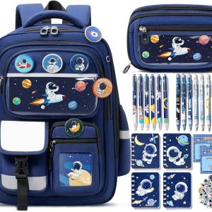 Fimibuke Kids Backpack for School Boys, 30PCS Space Toddler School Supplies Stationery Set with Bookbag Pencil Case Pins Gel Pens Pencils Notebooks Christmas Gifts for Kindergarten Elementary Student