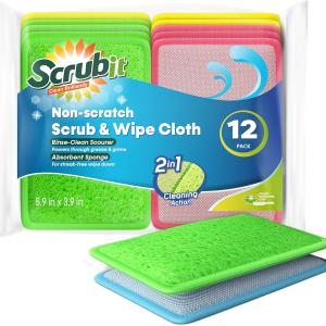 SCRUBIT - [12 Pack] Scrub and Wipe Cleaning Ps – Dual Sided Scouring P and Dish Sponge -Reusable Kitchen Sponge for Pots, Pans Utensils & Non-Stick Cookware - Assorted Color Dishwashing sponges