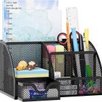 EasyPAG Mesh Desk Organizer with Drawer Multi-functional Pen Holder Stationery Organizer for Office School Supplies 6 Compartments Dorm Organizers and Storage for Desk, Black