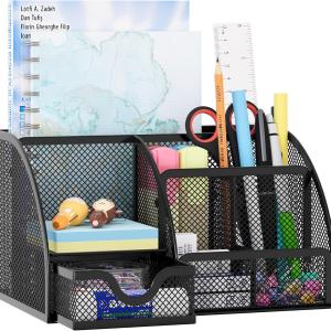EasyPAG Mesh Desk Organizer with Drawer Multi-functional Pen Holder Stationery Organizer for Office School Supplies 6 Compartments Dorm Organizers and Storage for Desk, Black
