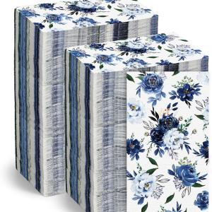 Floral Napkins Disposable Flower Guest Hand Towels Decorative Paper Towels for Bathroom Wedding Birthday Baby Shower Kitchens Table(Navy Blue,100 Pcs)