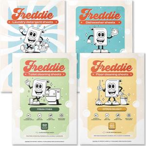 Freddie Everything 1x Bundle: 1 Pack of Fragrance Free Laundry Sheeets plus 1 pack each of Toilet Cleaning Sheets, Floor Cleaning Sheets, Dishwashing Sheets