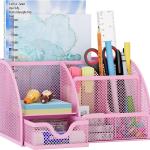 EasyPAG Mesh Desk Organizer with Drawer Multi-functional Pen Holder Stationery Organizer for Office School Supplies 6 Compartments Dorm Organizers and Storage for Desk, Light Pink
