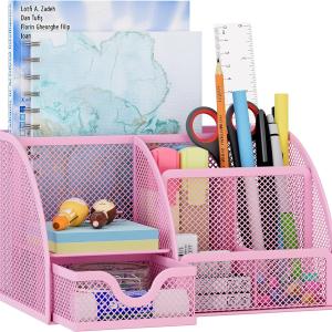 EasyPAG Mesh Desk Organizer with Drawer Multi-functional Pen Holder Stationery Organizer for Office School Supplies 6 Compartments Dorm Organizers and Storage for Desk, Light Pink