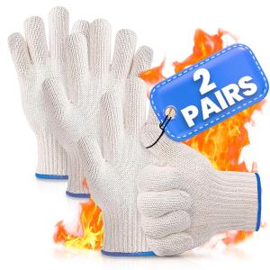 2 Pairs Heat Resistant Gloves for Grilling - 9.5 Inch Durable Aramid Oven Gloves with Fingers - Full Hand Protection, Functionality, Easy to Use, Multipurpose for Baking, Roasting, Frying, and More