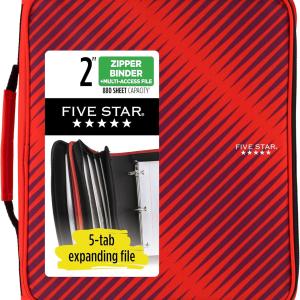 Five Star Zipper Binder, 2 Inch 3-Ring Binder with Round Rings, 5-Tab Expanding File, 380 Sheet Capacity, Fire Red (72538)