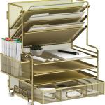 4-Tier Paper Organizer + 3-Pocket File Holder + Drawer + Pen Holders, Desktop File Organizers Paper Tray for Office Supplies School Classroom Organization (Gold, with Drawer & Pen Holder)