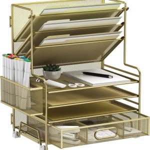 4-Tier Paper Organizer + 3-Pocket File Holder + Drawer + Pen Holders, Desktop File Organizers Paper Tray for Office Supplies School Classroom Organization (Gold, with Drawer & Pen Holder)