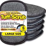 Original Scrub-N-Wipe P by Tuff-Scrub, 6-Pack, Microfiber, Multi-Surface, Non-Scratch, Dual-Sided, Scrubber for Dishes, Sinks, Non-Stick Cookware – Machine Washable, Durable Kitchen Sponge (Large)
