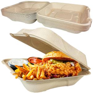 Durable, Leak-Proof Take-out Food Box, 25 Pack. Large, 9 x 9 Sturdy Plant-Based, Gluten-Free Compostable Wheatstraw Fiber Clamshell Hinged Container, Microwavable and Great for Restaurant Carryout