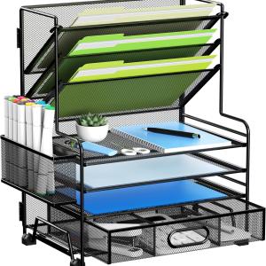 4-Tier Paper Organizer + 3-Pocket File Holder + Drawer + Pen Holders, Desktop File Organizers Paper Tray for Office Accessories School Classroom Organization (Black)