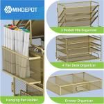 4-Tier Paper Organizer + 3-Pocket File Holder + Drawer + Pen Holders, Desktop File Organizers Paper Tray for Office Supplies School Classroom Organization (Gold, with Drawer & Pen Holder)