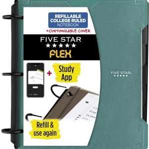 Five Star Flex Refillable Notebook + Study App, College Ruled Paper and 1 Inch TechLock Ring Binder with Customizable Cover, Pockets, Tabs and Dividers, 200 Sheet Capacity, Seaglass Green (29326AQ8)