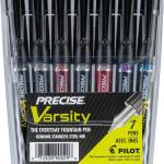 PILOT Pen 90029 Precise Varsity Pre-Filled Fountain Pens, Medium Point Stainless Steel Nib, Black/Blue/Red/Pink/Green/Purple/Turquoise, 7-Pack Pouch