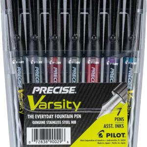 PILOT Pen 90029 Precise Varsity Pre-Filled Fountain Pens, Medium Point Stainless Steel Nib, Black/Blue/Red/Pink/Green/Purple/Turquoise, 7-Pack Pouch